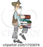 Geeky Man Wearing A Mask And Supporting A Stack Of Books On His Knee