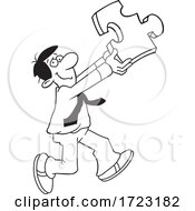 Poster, Art Print Of Cartoon Black And White Man Holding A Solution Puzzle Piece