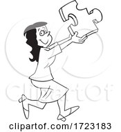 Cartoon Black And White Woman Holding A Solution Puzzle Piece
