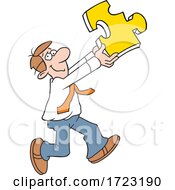 Poster, Art Print Of Cartoon Business Man Holding A Solution Puzzle Piece