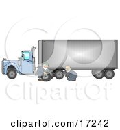 Poster, Art Print Of Two Caucasian Tire Changer Men In Blue Coveralls Using A Cross Bar To Replace A Flat Tire On A Big Blue 18 Wheeler Semi Truck