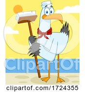Sailor Seagull With A Cleaning Brush On The Beach by Hit Toon