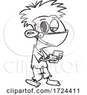 Cartoon Black And White Covid Halloween Zombie Boy Texting On A Cell Phone
