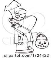 Poster, Art Print Of Cartoon Black And White Covid Halloween Frankenstein Wearing A Mask And Trick Or Treating
