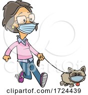Cartoon Lady And Dog Wearing Masks And Taking A Walk