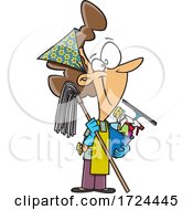 Cartoon Happy Woman Ready To Do Fall Or Spring Cleaning