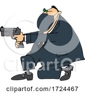 Cartoon Man Wearing A Mask Kneeling And Pointing A Gun