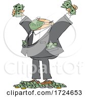 Poster, Art Print Of Cartoon Rich Businessman Wearing A Mask And Standing In A Pile Of Money