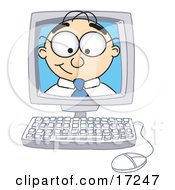 Male Caucasian Office Nerd Business Man Mascot Cartoon Character Peeking Out From Inside A Desktop Computer Monitor