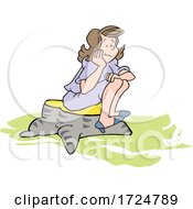 Cartoon Confused Woman Sitting On A Stump