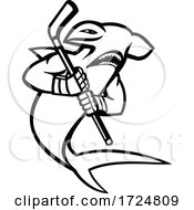 Poster, Art Print Of Hammerhead Shark With Ice Hockey Stick Mascot Black And White