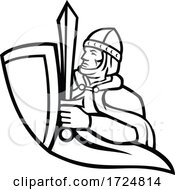 Poster, Art Print Of Bust Of Medieval King Regnant Wielding A Sword And Shield Black And White Mascot