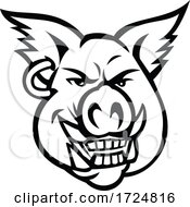 Poster, Art Print Of Head Of Pink Pig Wearing Earring Smiling Front View Mascot Retro Black And White