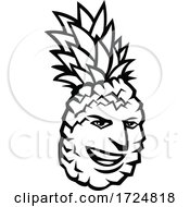 Poster, Art Print Of Pineapple Fruit Or Ananas Comosus Happy Smiling Grinning Mascot Black And White