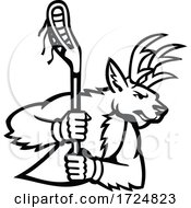 Poster, Art Print Of Red Deer Stag Or Buck Wielding A Lacrosse Stick Side View Mascot Black And White