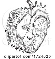 Poster, Art Print Of Lion Hearted Head Of Half Lion And Half Human Heart Black And White Drawing