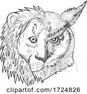 Poster, Art Print Of Head Of Half Lion And Half Great Horned Owl Tiger Owl Or Hoot Owl Front View Black And White Drawing
