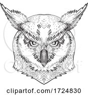 Poster, Art Print Of Head Of Angry Great Horned Owl Tiger Owl Or Hoot Owl Front Black And White Drawing
