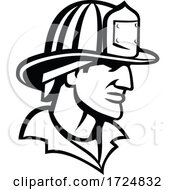 Poster, Art Print Of Head Of American Firefighter Fireman Looking Side Mascot Black And White