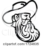 Poster, Art Print Of Head Of Cowboy Or Farmer With Full Beard Looking To Side Retro Mascot Black And White
