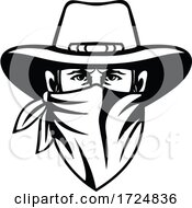 Poster, Art Print Of Cowboy Bandit Outlaw Highwayman Or Bank Robber Wearing Face Mask Front View Mascot Black And White