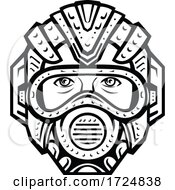 Poster, Art Print Of Futuristic Face Mask Face Covering Or Space Helmet Protection From Pandemic Infection Front View Retro Black And White
