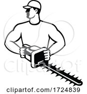 Gardener Or Landscaper With Garden Hedge Trimmer Or Shears Front View Retro Black And White