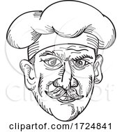 Poster, Art Print Of Head Of Italian Chef Cook Baker Or Food Worker Wearing Moustache Front View Drawing Retro Black And White