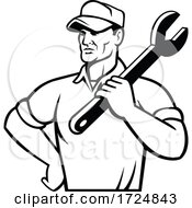Poster, Art Print Of Automotive Mechanic Or Aircraft Mechanic Holding Spanner On Shoulder Front View Retro Black And White