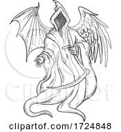 Poster, Art Print Of Grim Reaper Or Angel Of Death With Bird Wing And Bat Wing Black And White Drawing
