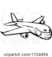 Poster, Art Print Of Jumbo Jet Plane Airliner Flying Wearing Face Mask Mascot Black And White