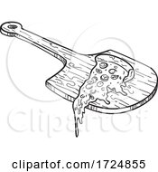 Poster, Art Print Of Wooden Pizza Paddle Board Or Peel With Pizza Slice And Melting Cheese Drawing Black And White