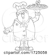 Poster, Art Print Of Black And White Chubby Male Chef Holding Up A Pizza