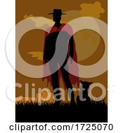 Poster, Art Print Of Creepy Man Black Silhouette With Red Cloak And Spooky Cat