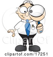 Male Caucasian Office Nerd Business Man Mascot Cartoon Character Looking Through A Magnifying Glass