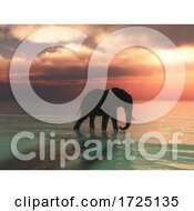 3D Elephant Walking In The Ocean Against A Sunset Sky