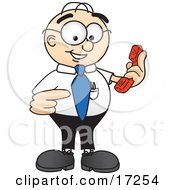 Male Caucasian Office Nerd Business Man Mascot Cartoon Character Holding A Telephone