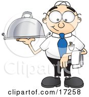 Male Caucasian Office Nerd Business Man Mascot Cartoon Character Serving A Dinner Platter by Mascot Junction