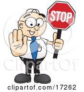 Male Caucasian Office Nerd Business Man Mascot Cartoon Character Holding A Stop Sign by Mascot Junction