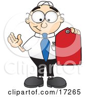 Poster, Art Print Of Male Caucasian Office Nerd Business Man Mascot Cartoon Character Holding A Red Sales Price Tag