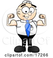 Strong Male Caucasian Office Nerd Business Man Mascot Cartoon Character Flexing His Arm Muscles