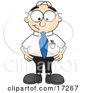 Clipart Picture Of A Male Caucasian Office Nerd Business Man Mascot Cartoon Character Standing With His Hands On His Hips by Mascot Junction
