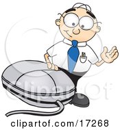 Male Caucasian Office Nerd Business Man Mascot Cartoon Character Waving And Standing By A Computer Mouse
