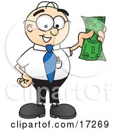 Clipart Picture Of A Male Caucasian Office Nerd Business Man Mascot Cartoon Character Holding A Dollar Bill by Toons4Biz