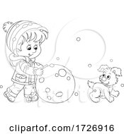 Boy And Puppy Making A Giant Snowball Or Snowman