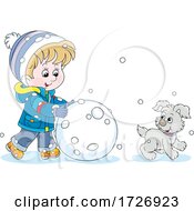 Boy And Puppy Making A Giant Snowball Or Snowman