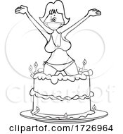 Cartoon Lady Wearing A Mask And Bikini And Popping Out Of A Birthday Cake
