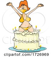 Cartoon Woman Wearing A Mask And Bikini And Popping Out Of A Birthday Cake
