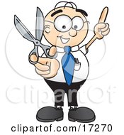 Clipart Picture Of A Male Caucasian Office Nerd Business Man Mascot Cartoon Character Holding Up A Pair Of Scissors by Mascot Junction