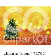 3D Christmas Tree With Lights On Gold Bokeh Background